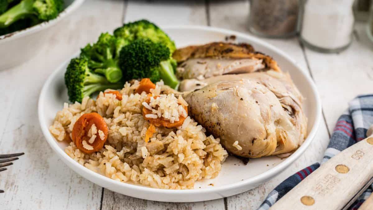 Slow Cooker Whole Chicken and Rice.