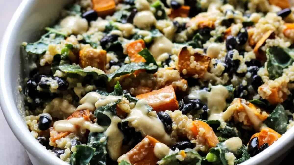 Sweet Potato Casserole with Black Beans, Kale and Quinoa.