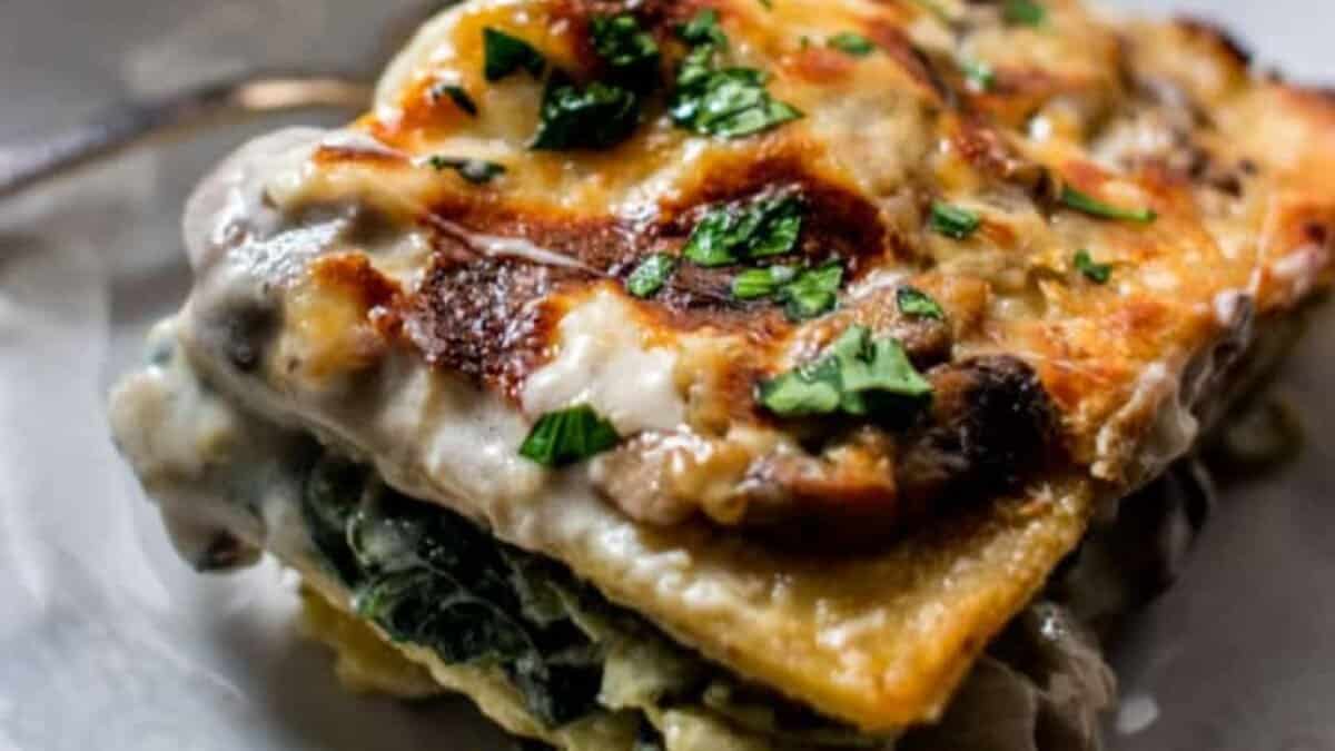 White Lasagna With Mushrooms, Spinach And Artichokes.