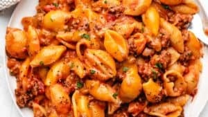 Beef and shells.