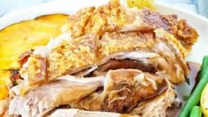 Slow cooker pork roast with crackling.