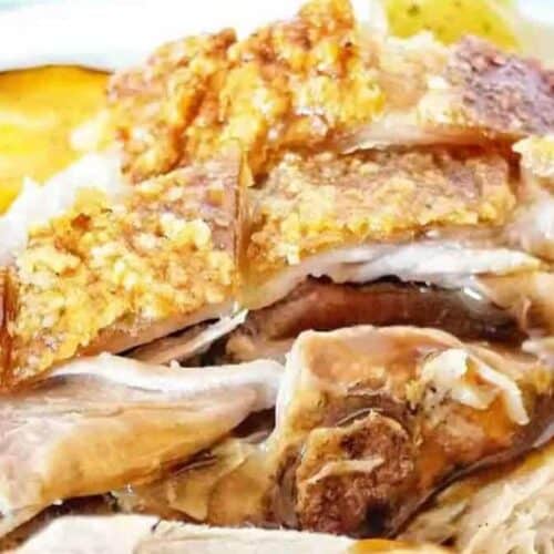 Slow cooker pork roast with crackling.