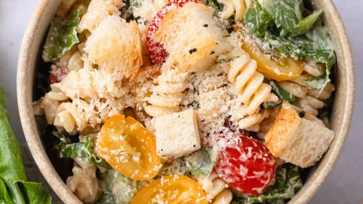 Chicken Caesar Pasta Salad with Crunchy Croutons.