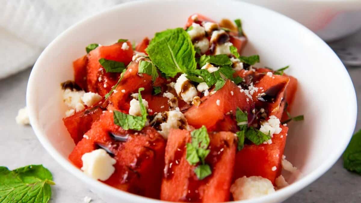 Feta Cheese Watermelon Salad with Balsamic Glaze.