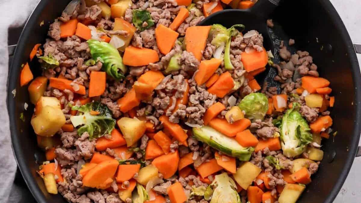 Ground Turkey Sweet Potato Skillet with Brussels Sprouts.