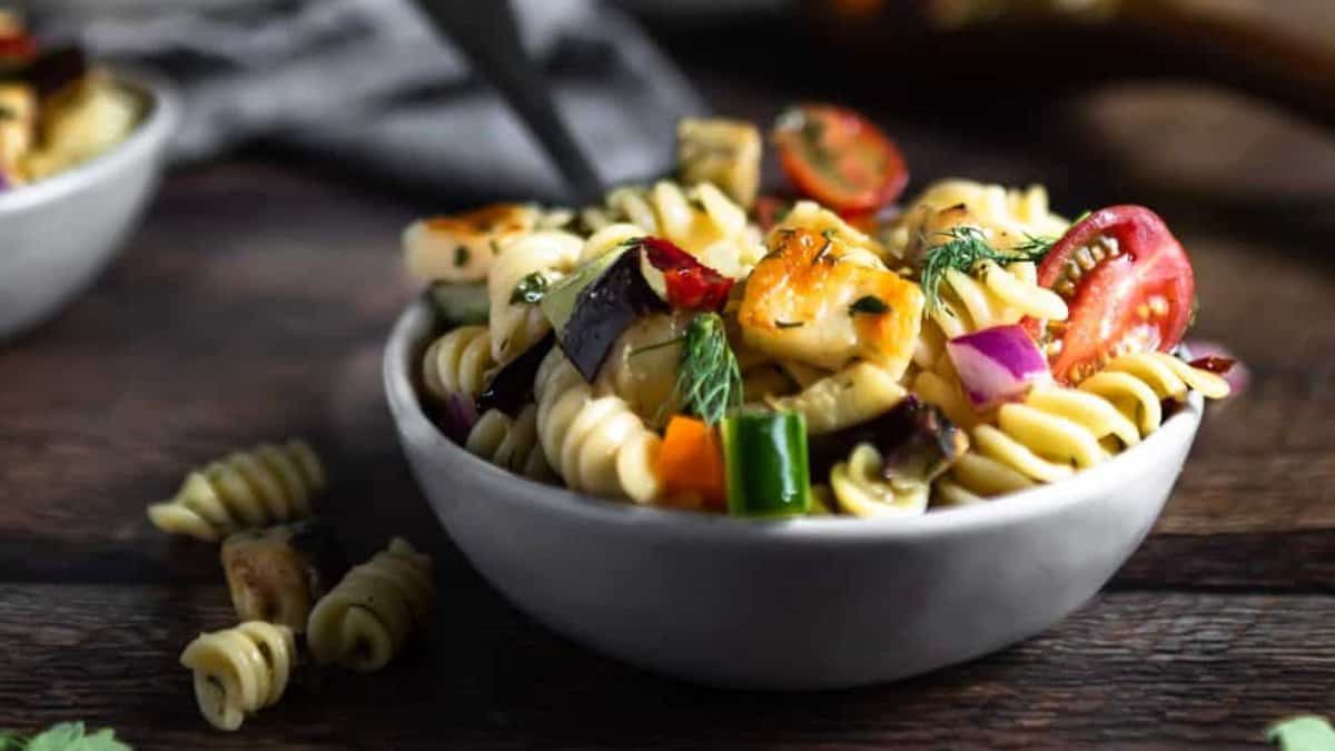 Halloumi Pasta Salad with Greek Herb Vinaigrette.