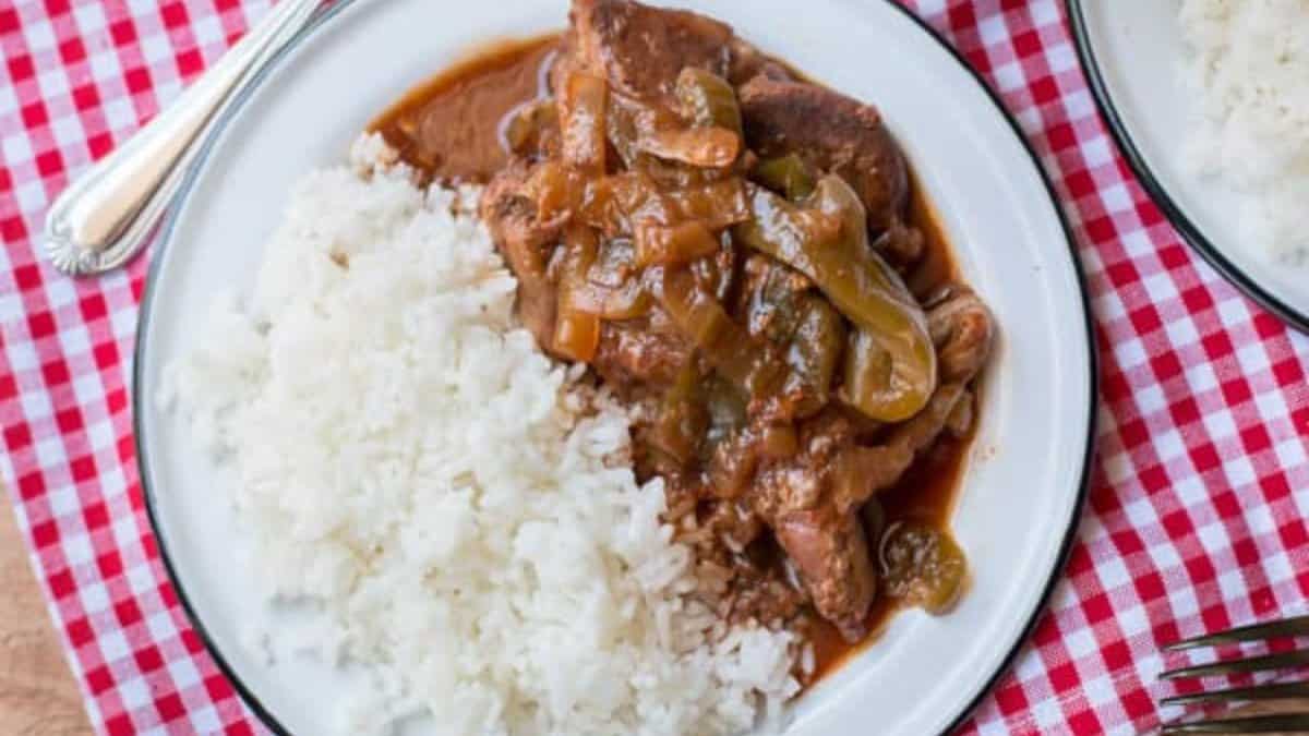 Slow Cooker Country Style Barbecue Ribs with Bell Peppers and Onions.