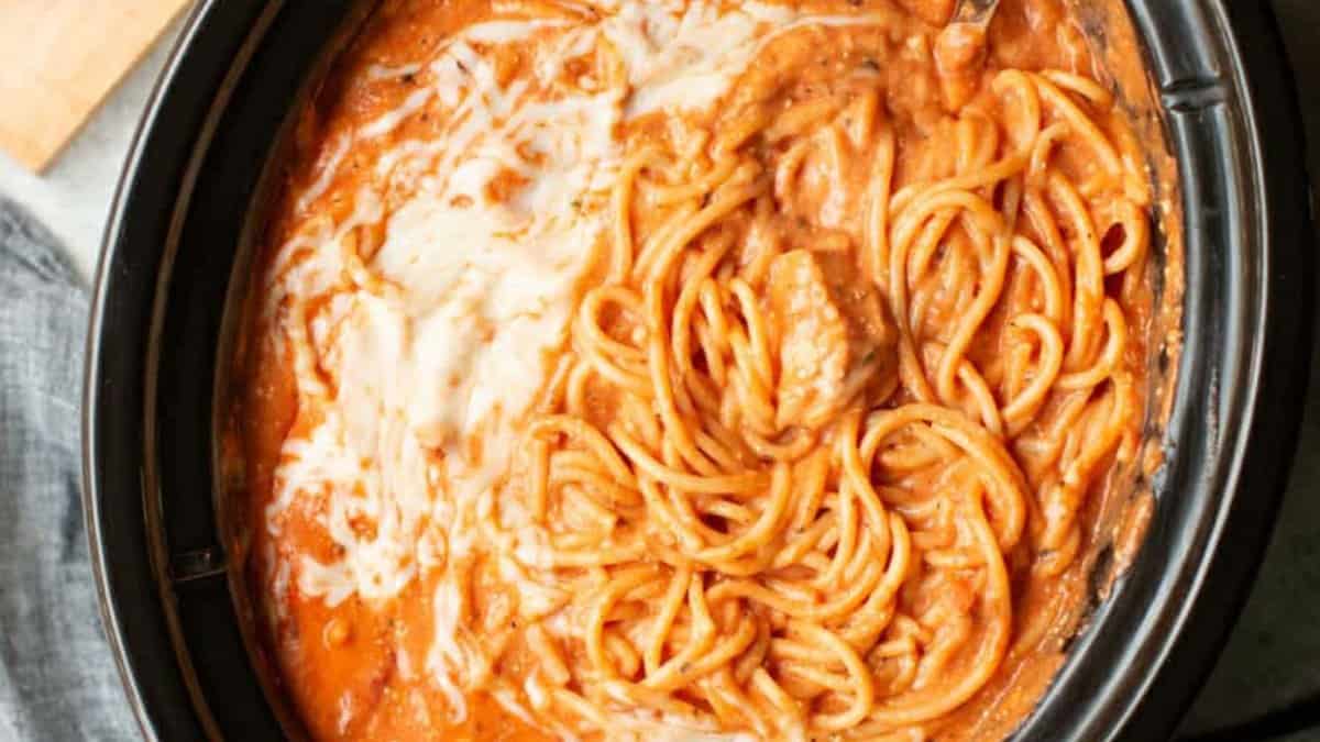 Slow Cooker Creamy Chicken Spaghetti.
