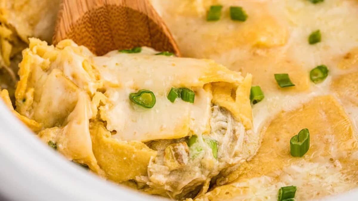 Slow Cooker Sour Cream Chicken Enchilada Casserole.