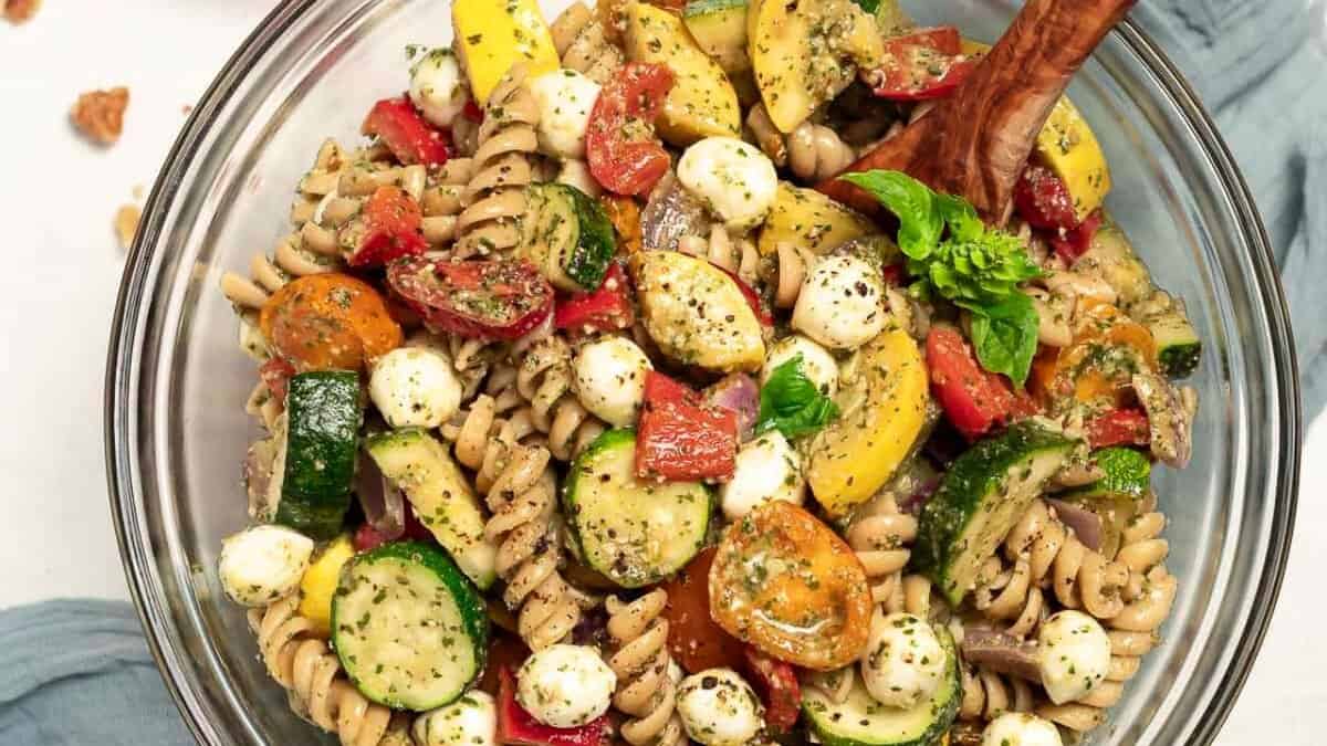 Walnut Pesto Pasta Salad With Roasted Vegetables.