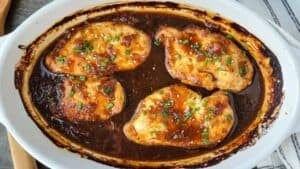 Baked apricot chicken.