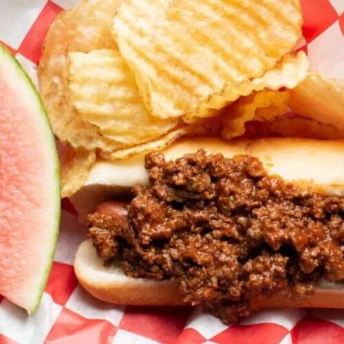 Homemade chili hot dog sauce.