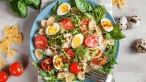 Caprese pasta salad with eggs.