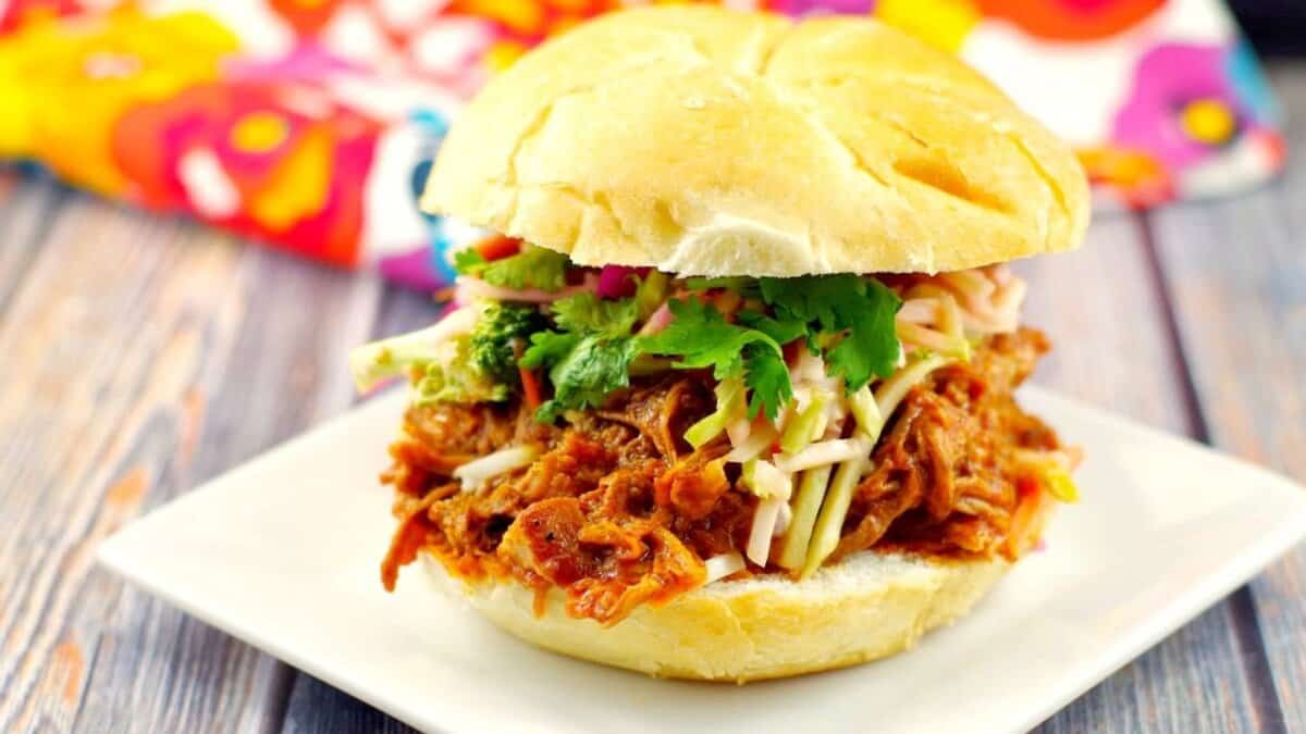 Slow Cooker Pulled Pork on a Bun.