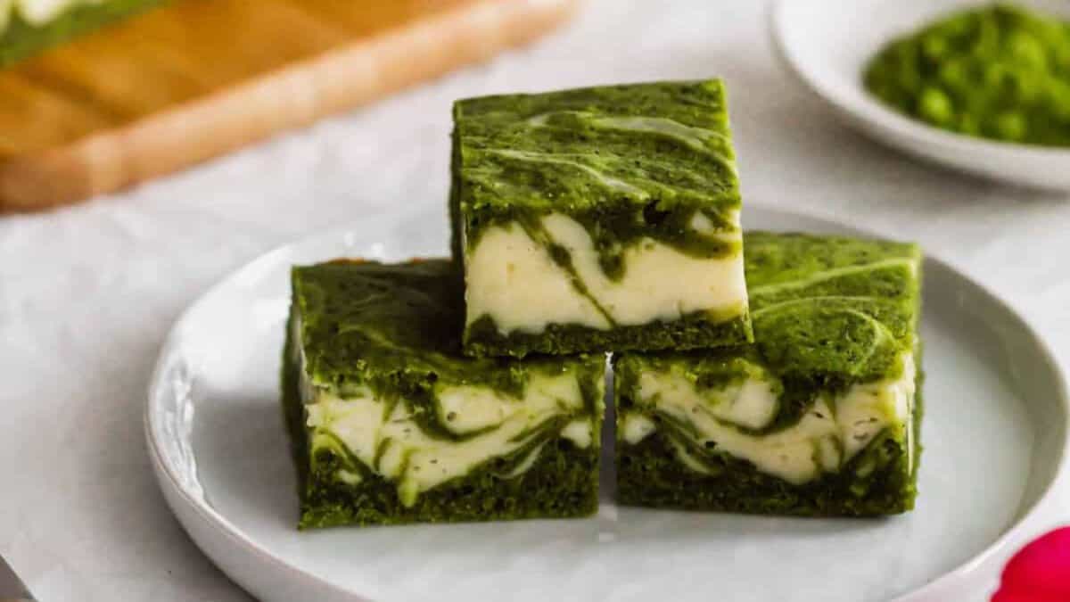 Stack of Matcha Cheesecake Brownies. 