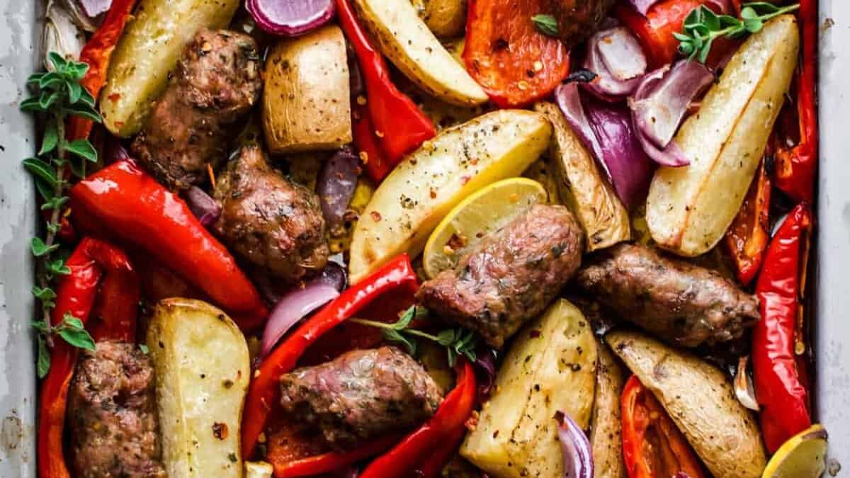 Greek Sausage Sheet Pan Dinner.