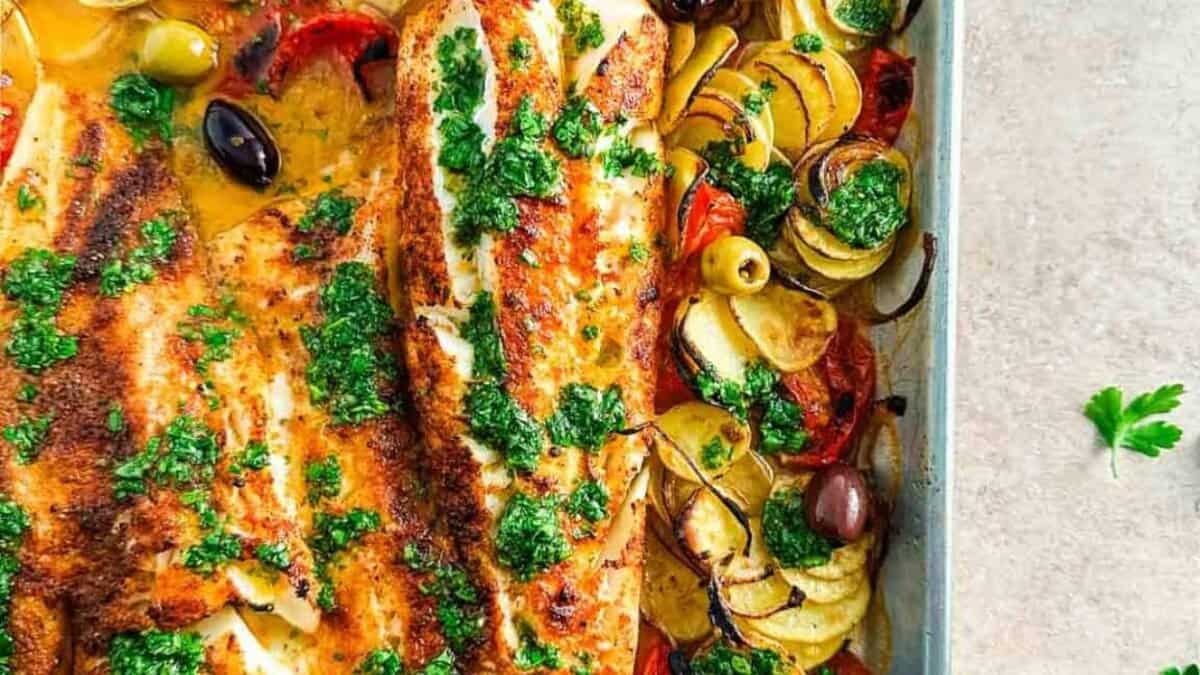 Sheet Pan Broiled Cod Recipe with Lemon Herb Sauce.
