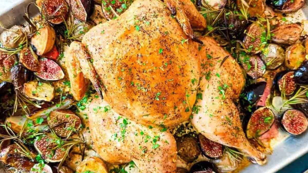 Sheet Pan Chicken with Figs, Shallots, and Potatoes.