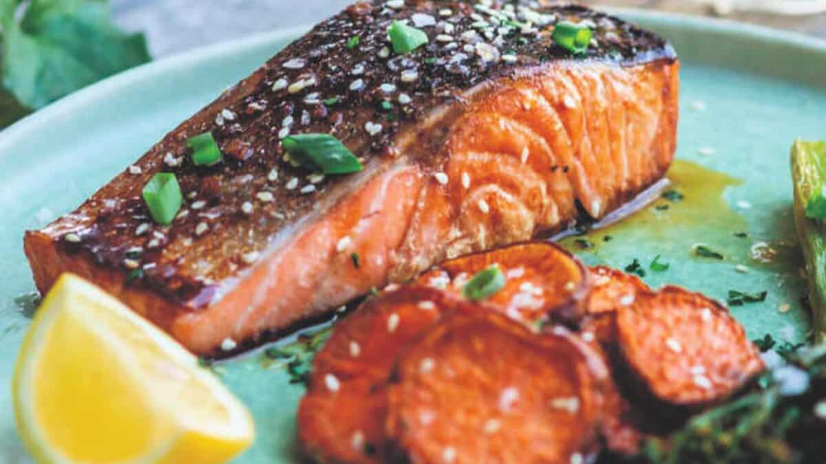 Sheet Pan Japanese Salmon Recipe with Sweet Potato.