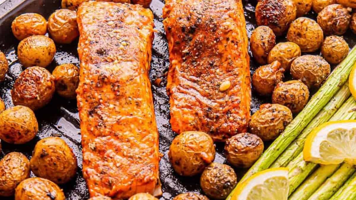 Sheet Pan Roasted Salmon and Vegetables.