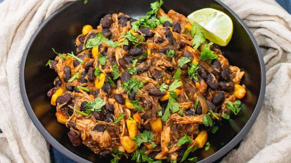 Black Bean and Corn Chili with Shredded Chicken.