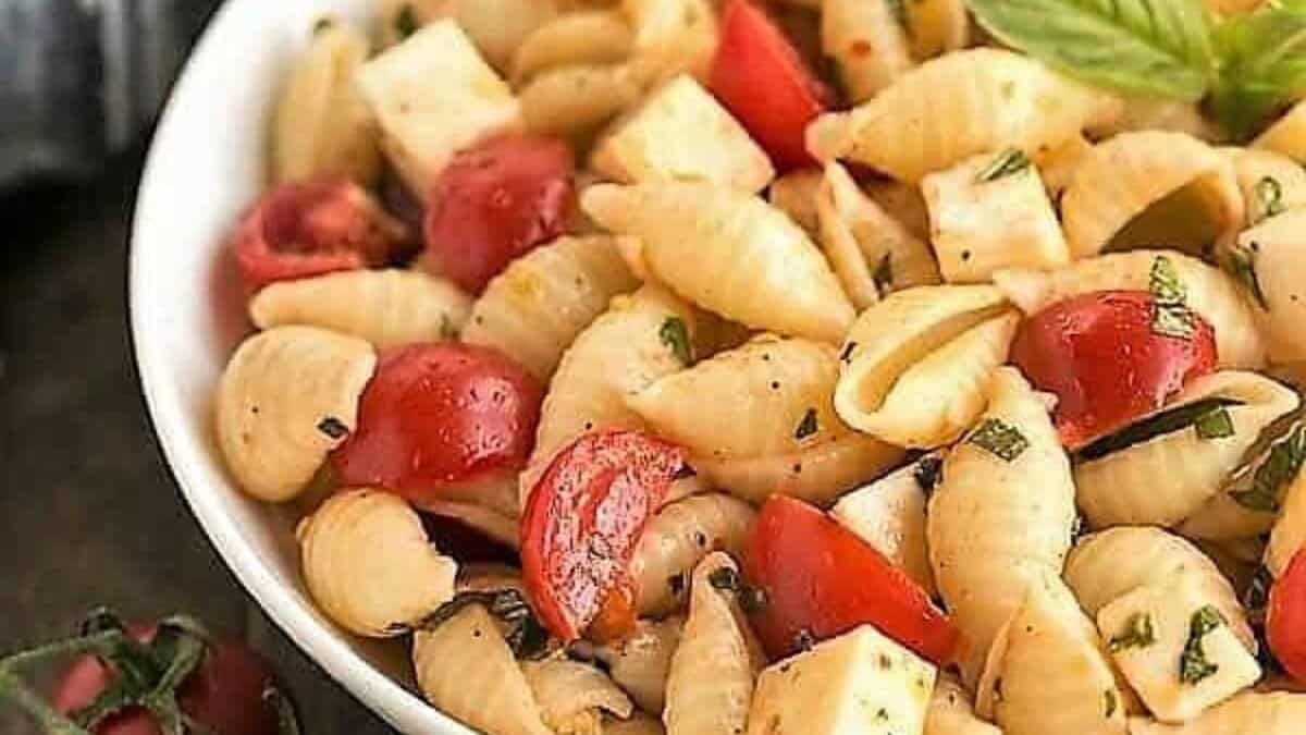 Tomato Basil Pasta Salad with Mozzarella & Fontina.