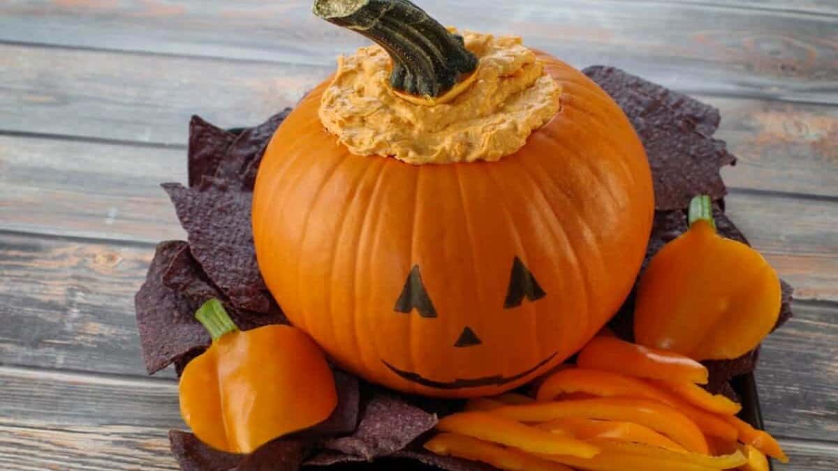 Slow Cooker Halloween Buffalo Chicken Dip.