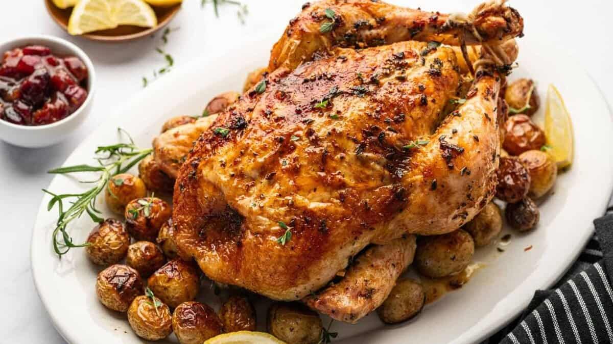 Oven roasted chicken and potatoes with garlic and herbs.