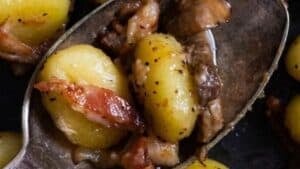 Gnocchi with bacon and mushrooms.