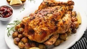 Roast chicken with potatoes.