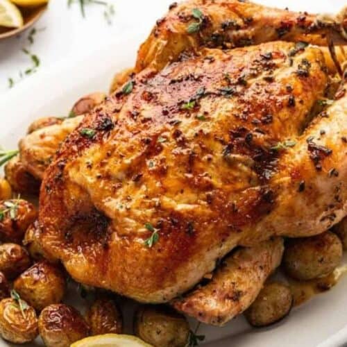Roast chicken with potatoes.