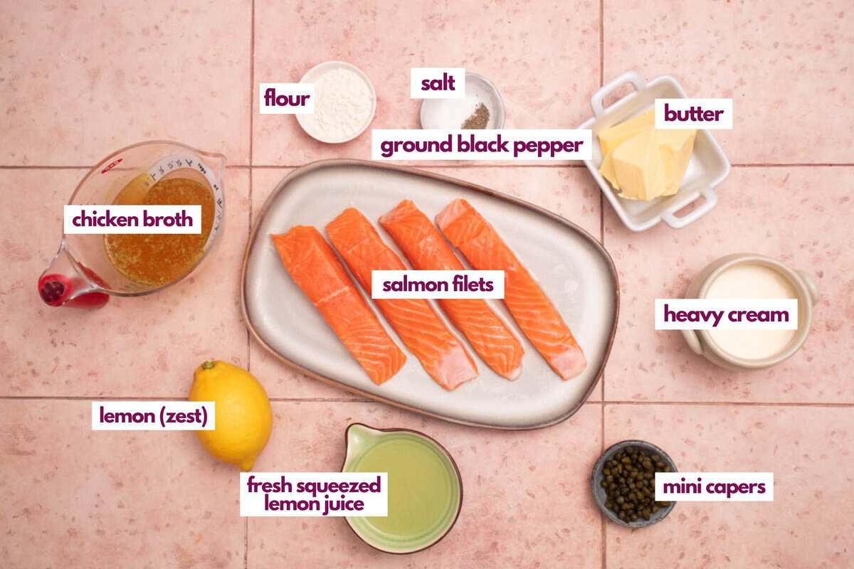 Ingredients needed to make salmon piccata.