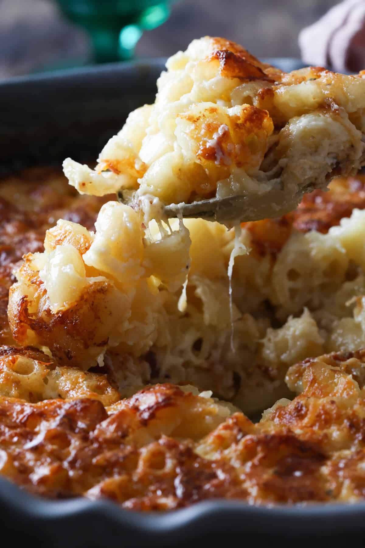 Close up of creamy truffle mac and cheese with Gruyere and cheddar.
