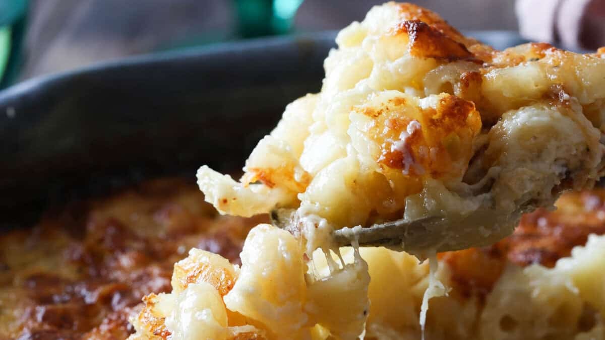 Close up of creamy truffle mac and cheese with Gruyere and cheddar.