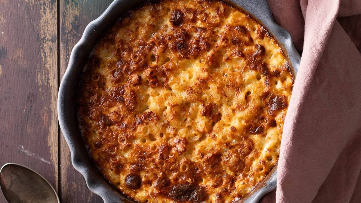 Close up of creamy truffle mac and cheese with Gruyere and cheddar.
