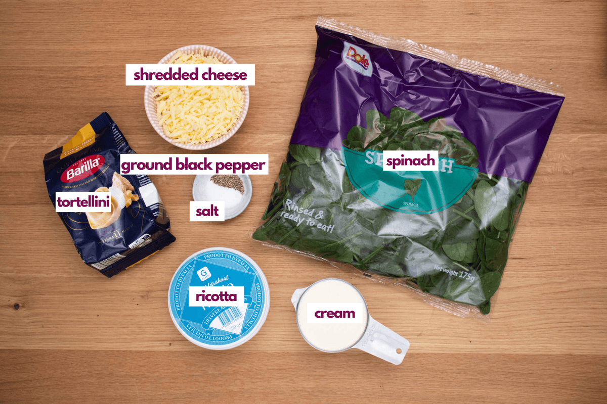 Ingredients for spinach ricotta tortellini bake.