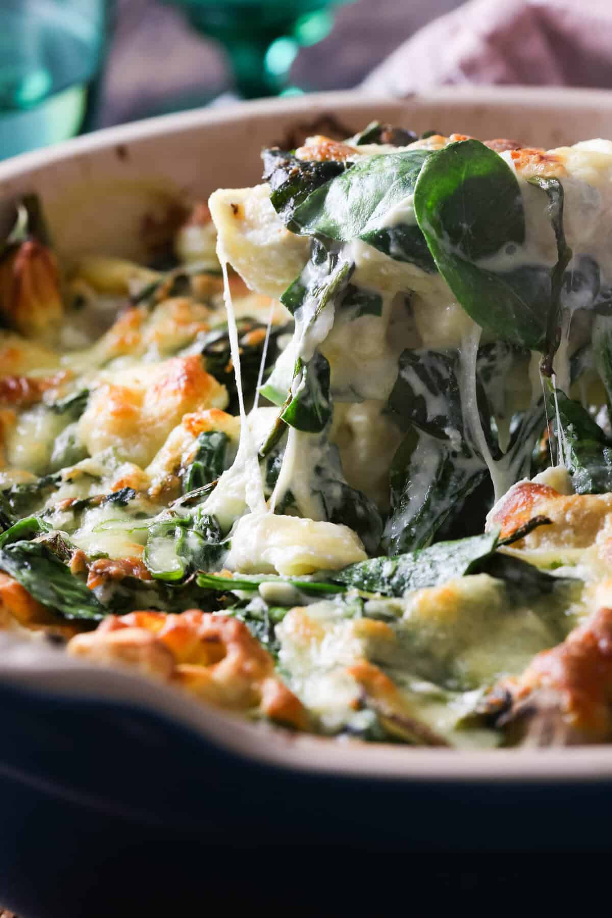 Cheesy spinach ricotta tortellini bake.