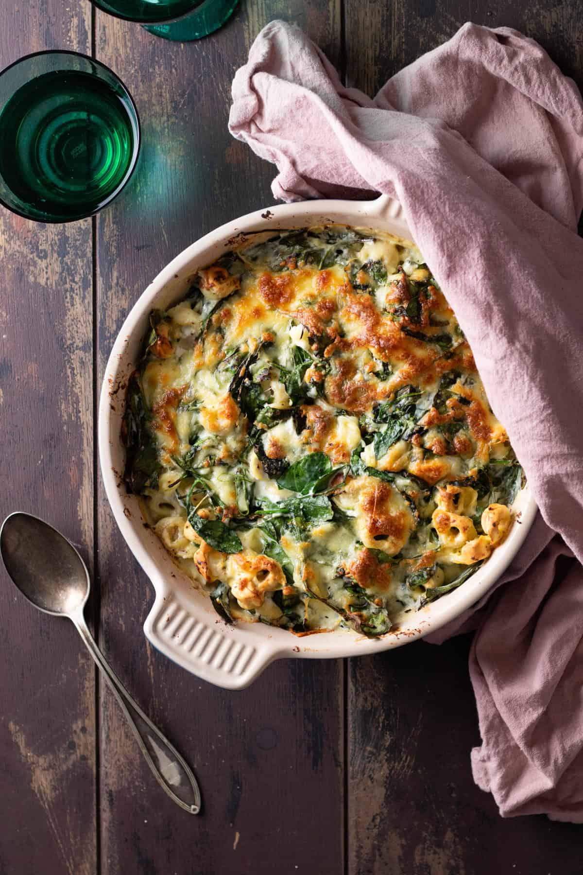 Cheesy spinach ricotta tortellini bake.