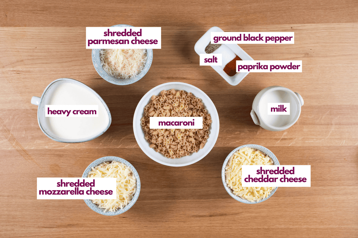 Ingredients needed to make 3 cheese mac and cheese including cream, milk, macaroni, cheddar, mozzarella and parmesan cheese.