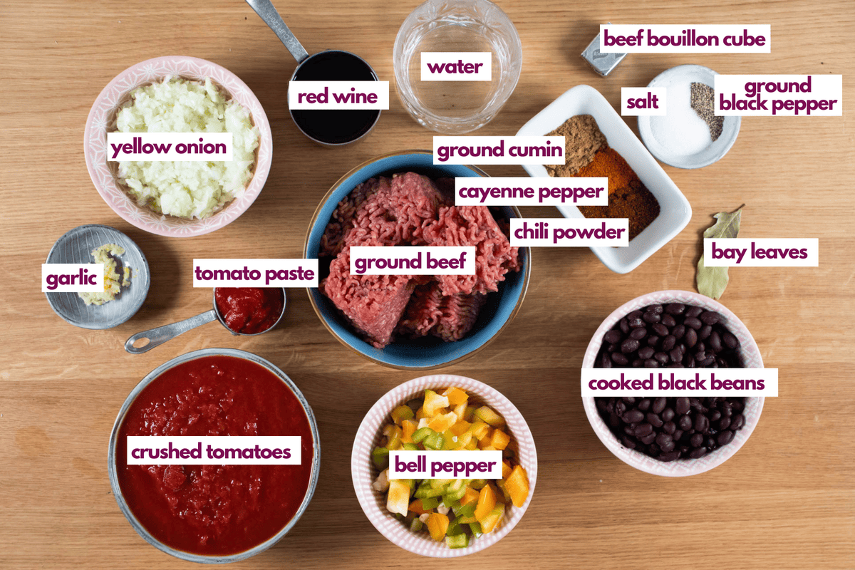 Ingredients for beef chili including ground beef, onion, bell pepper, crushed tomatoes, red wine and black beans.