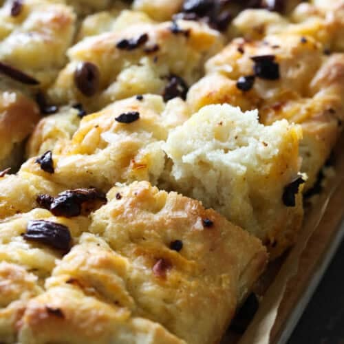 Easy overnight focaccia topped with black olives.