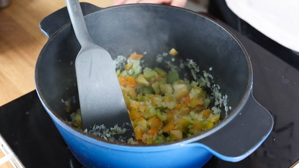 Sauteing onion, bell pepper and garlic for beef chili.