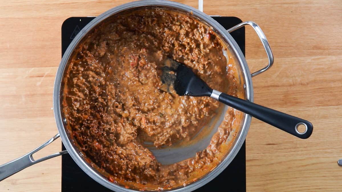 Sauce for taco pasta after mixing in cream cheese.