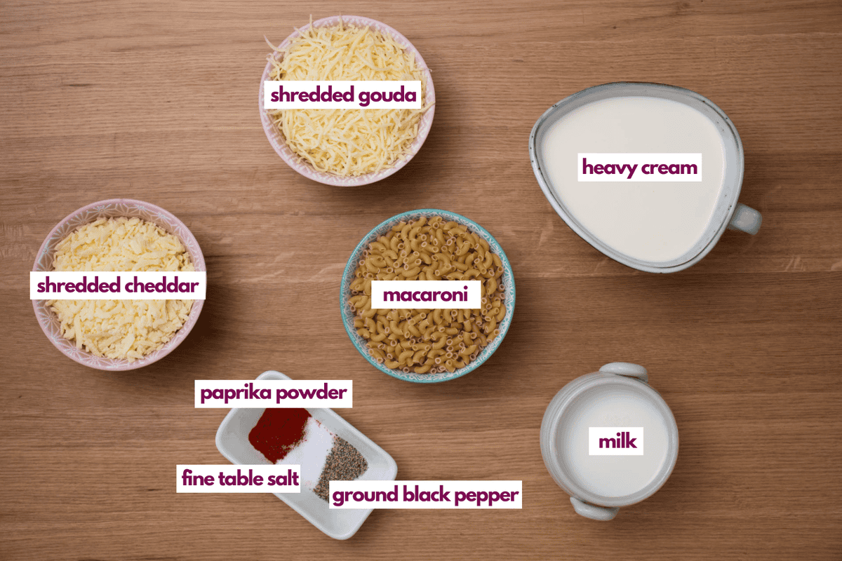 Ingredients needed to make gouda mac and cheese including macaroni, gouda cheese, cheddar cheese, milk and cream.