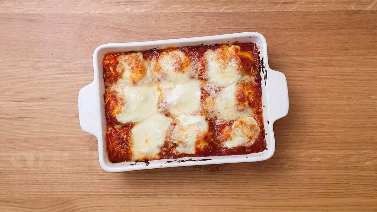 Lazy lasagna after baking with golden and melted cheese on top.