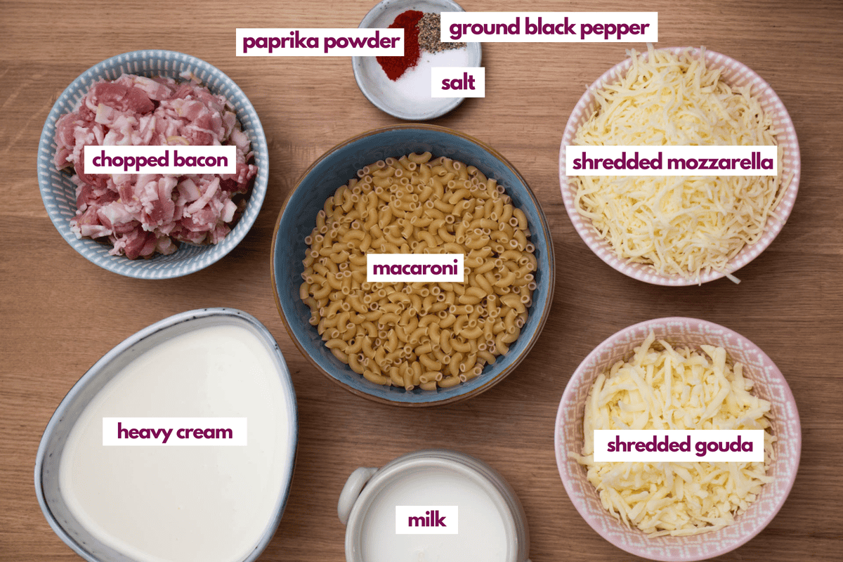 Ingredients needed to make bacon mac and cheese including macaroni, two types of cheese, milk, cream and bacon.