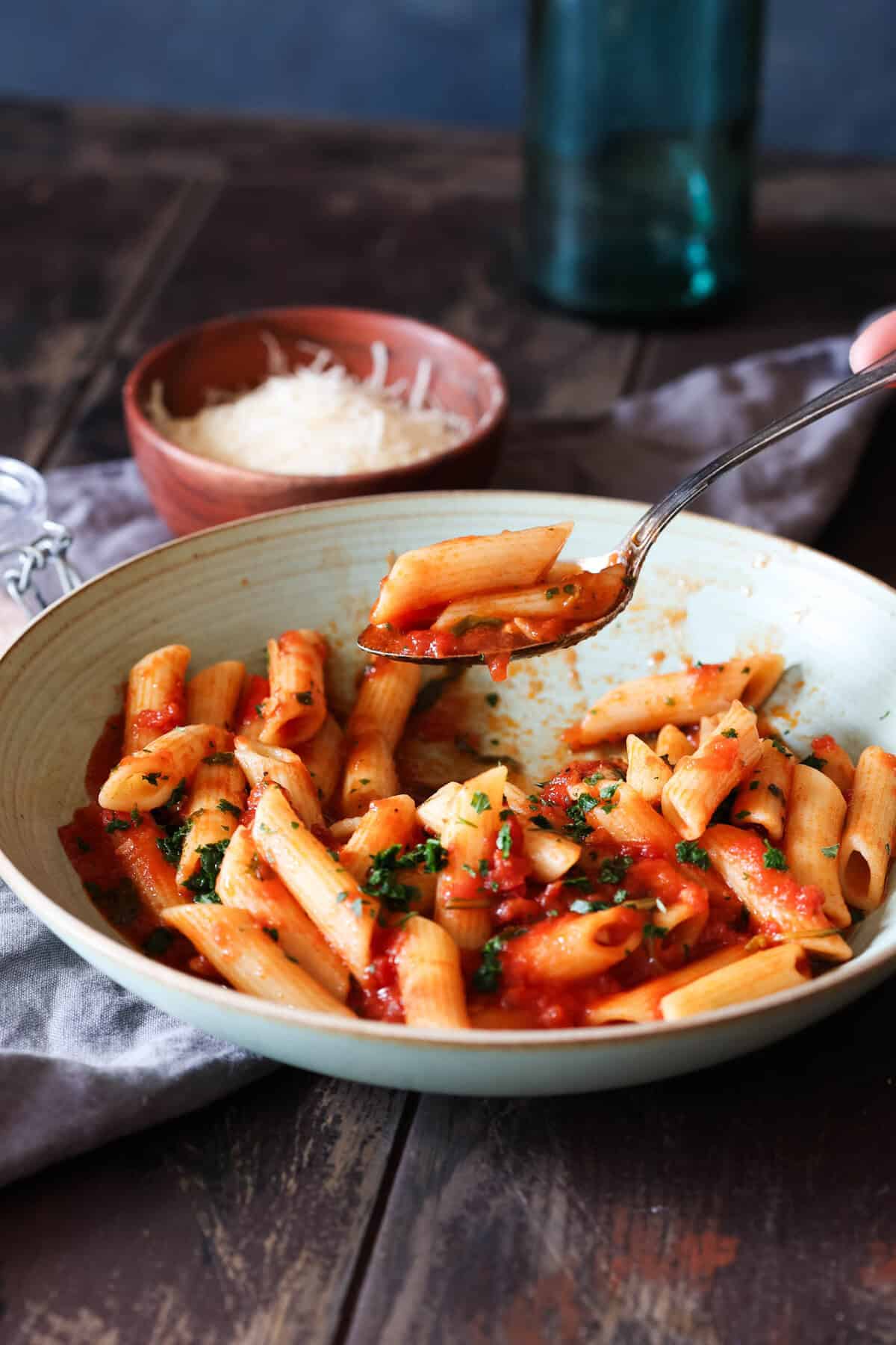 A bowl with penne pomodoro (pasta with basil tomato sauce).