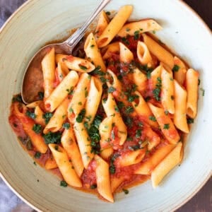 A bowl with penne pomodoro (pasta with basil tomato sauce).