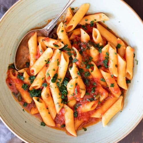 A bowl with penne pomodoro (pasta with basil tomato sauce).