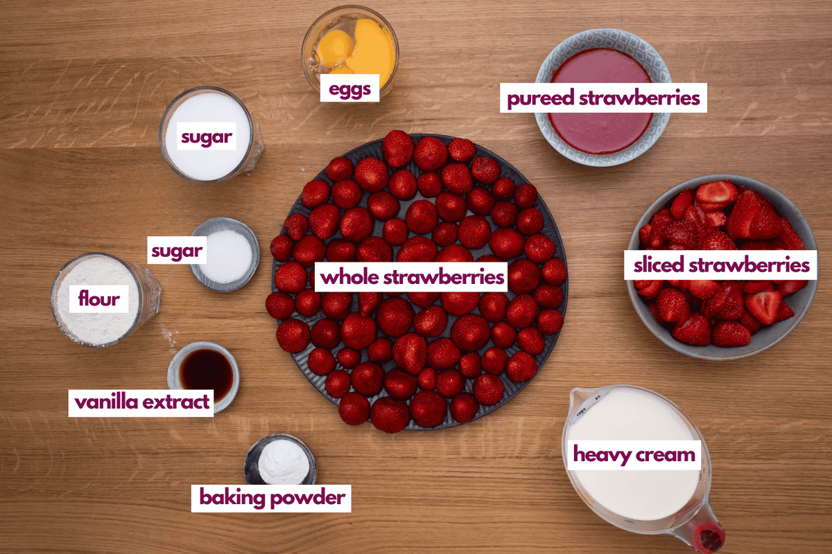 Ingredients needed to make a traditional Swedish Strawberry Cream Cake.